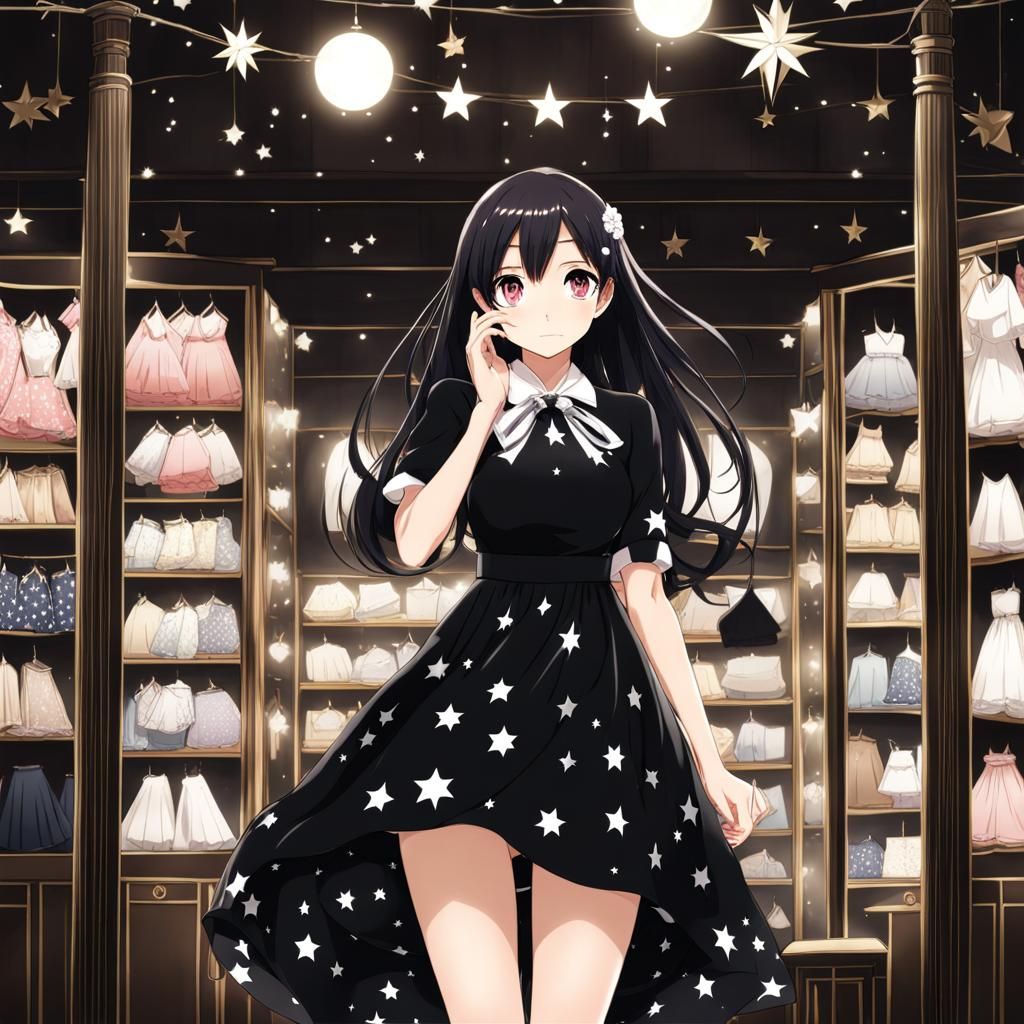 Anime Woman in Starry Dress, Manga Style