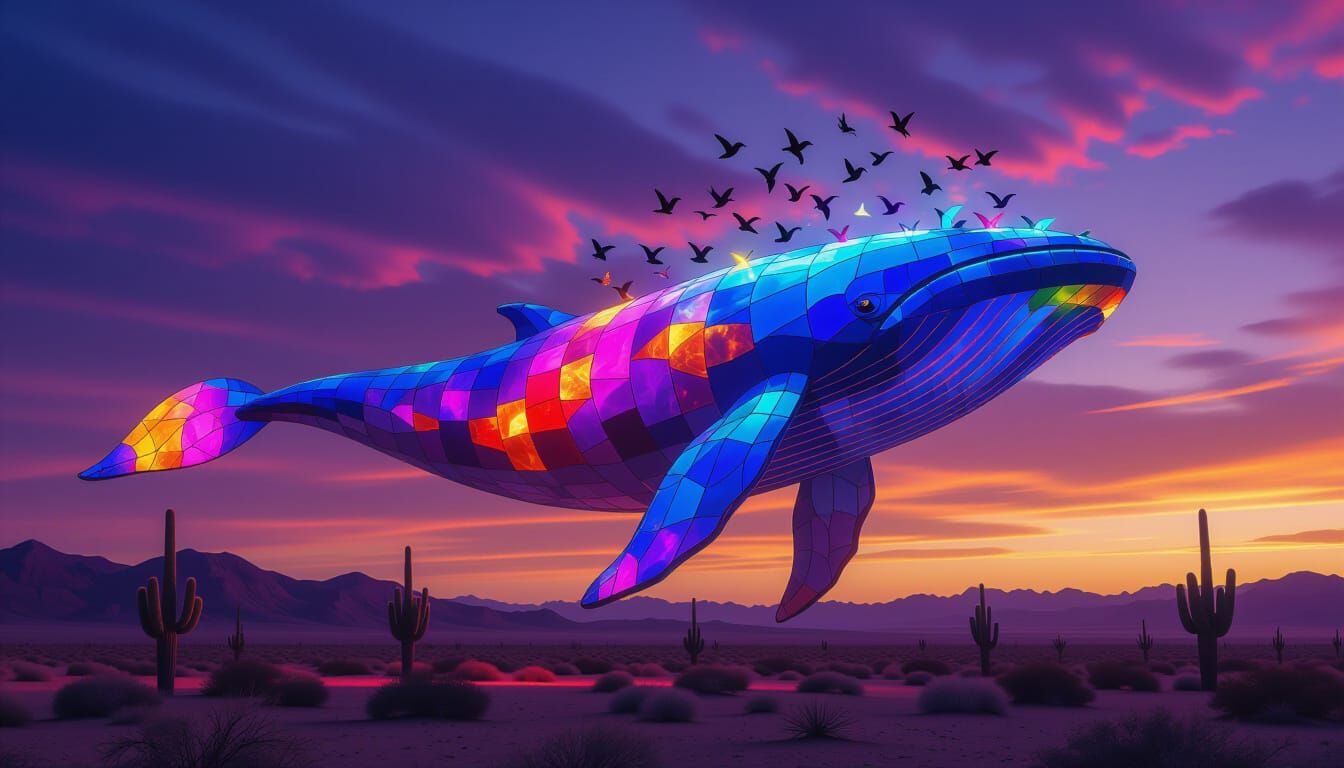 Stained Glass Whale Drifting in Twilight Sky