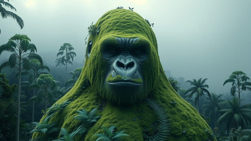 Hyper-Realistic Gorilla-Face Hill in Verdant Rainforest