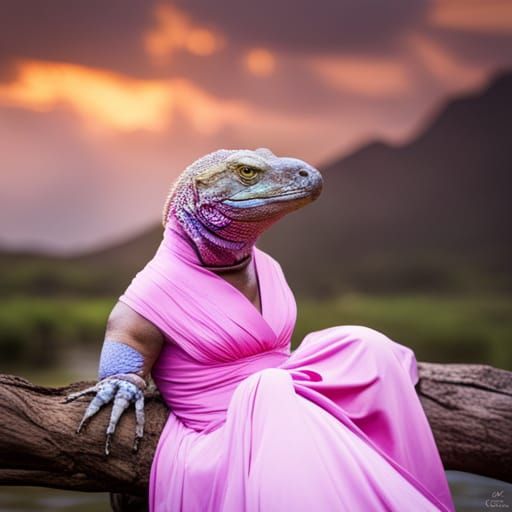 Komodo Dragon in Pink Dress: AI-Generated Portrait