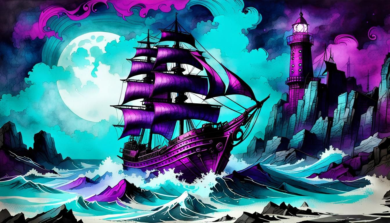 Sailboat in Stormy Sea with Lighthouse, Ink Painting