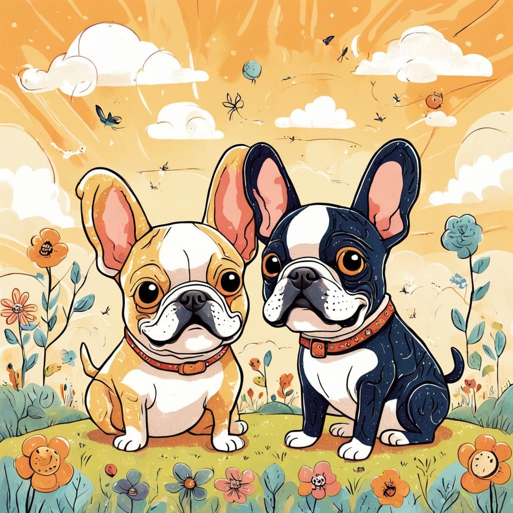 Vibrant Cartoon Illustration of Playful French Bulldogs in a...