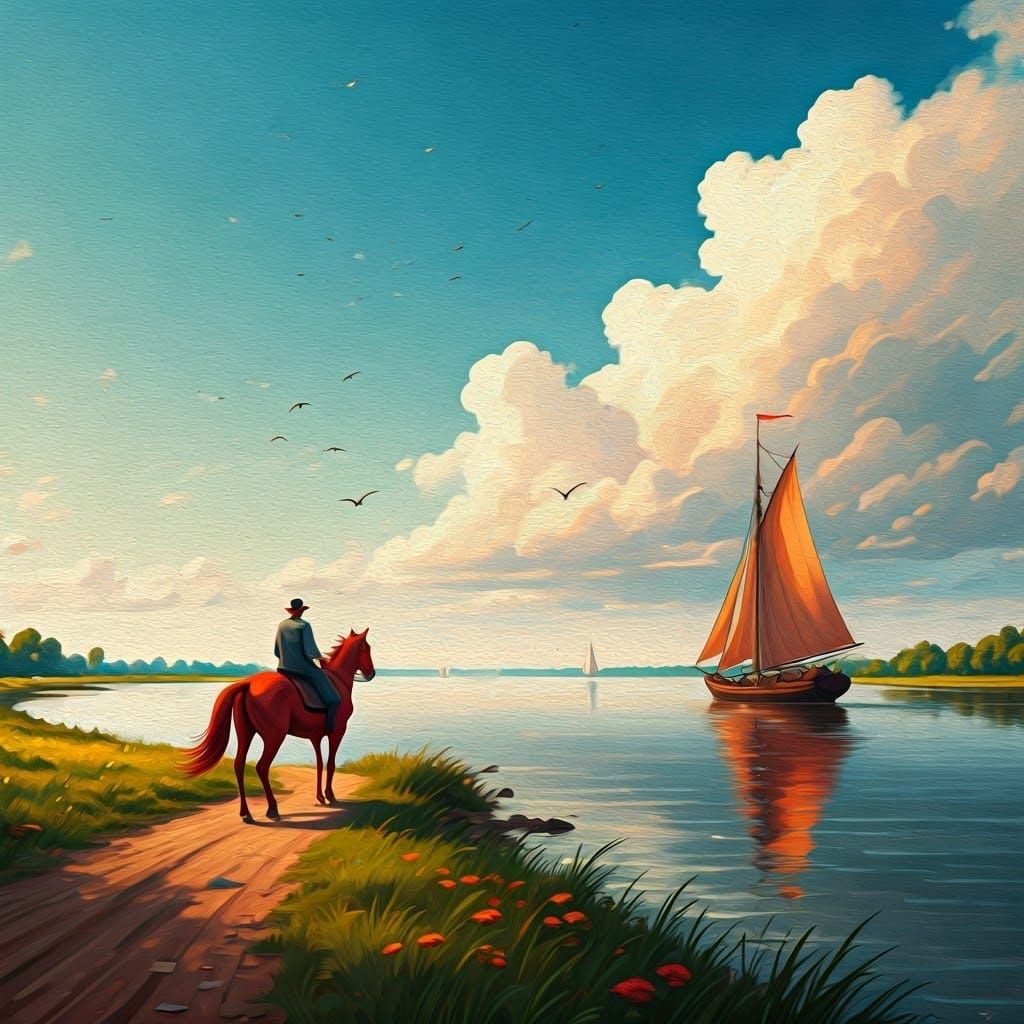 Impressionistic Horseman Rides by a Calm River