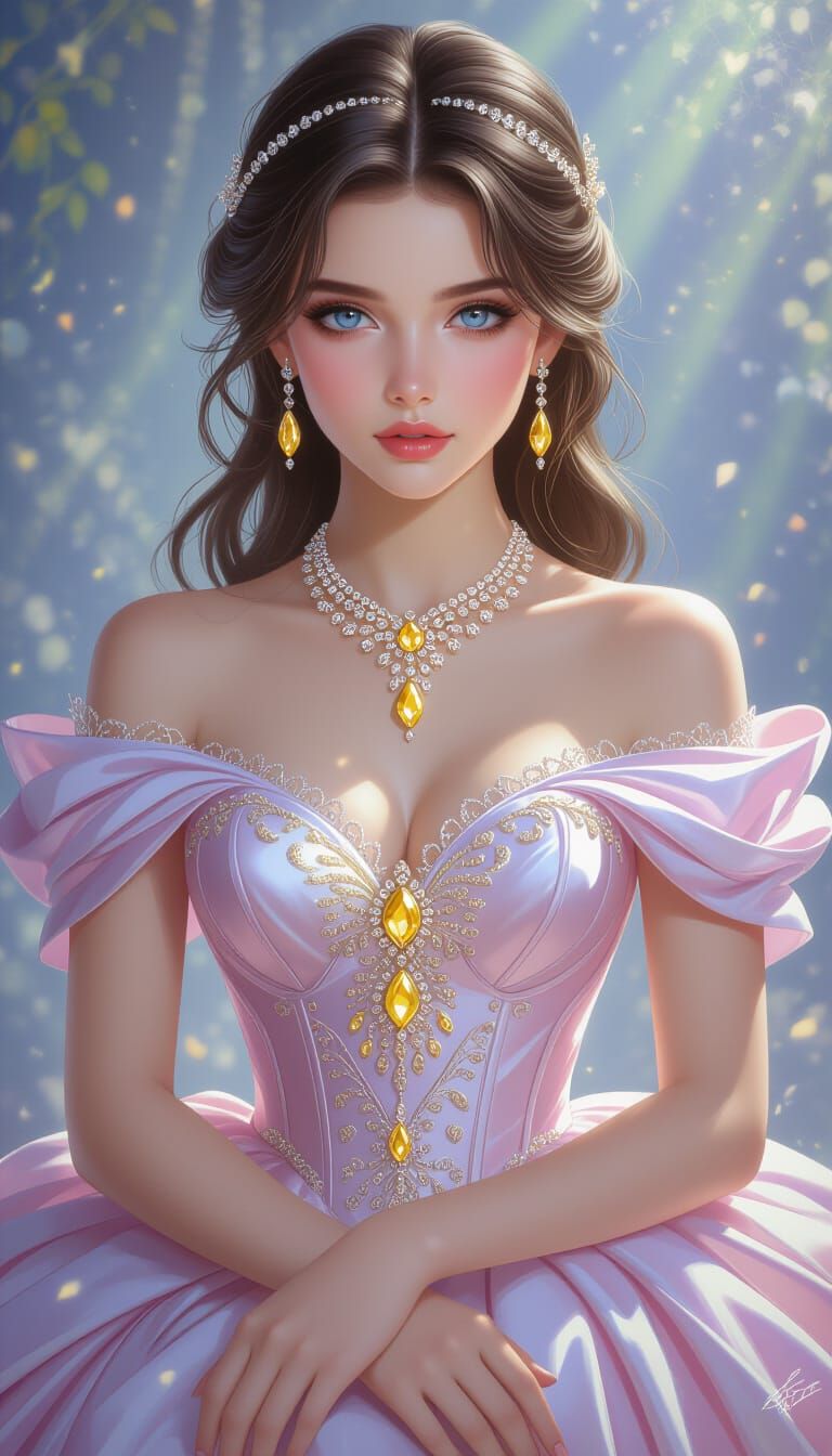 Hyperrealistic Digital Painting of a Girl in a Gemstone Gown