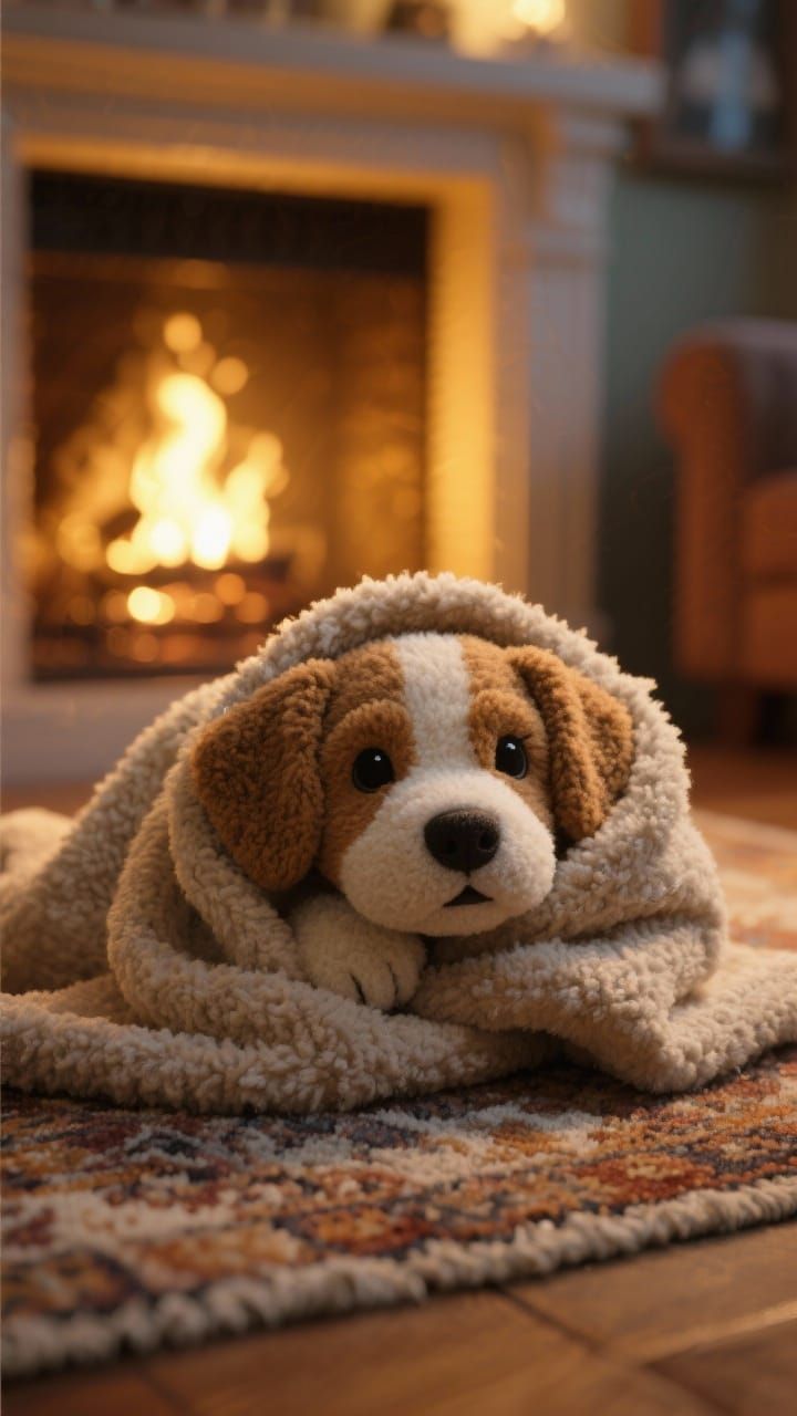 Cute Felt Puppy Cozy by Fireplace