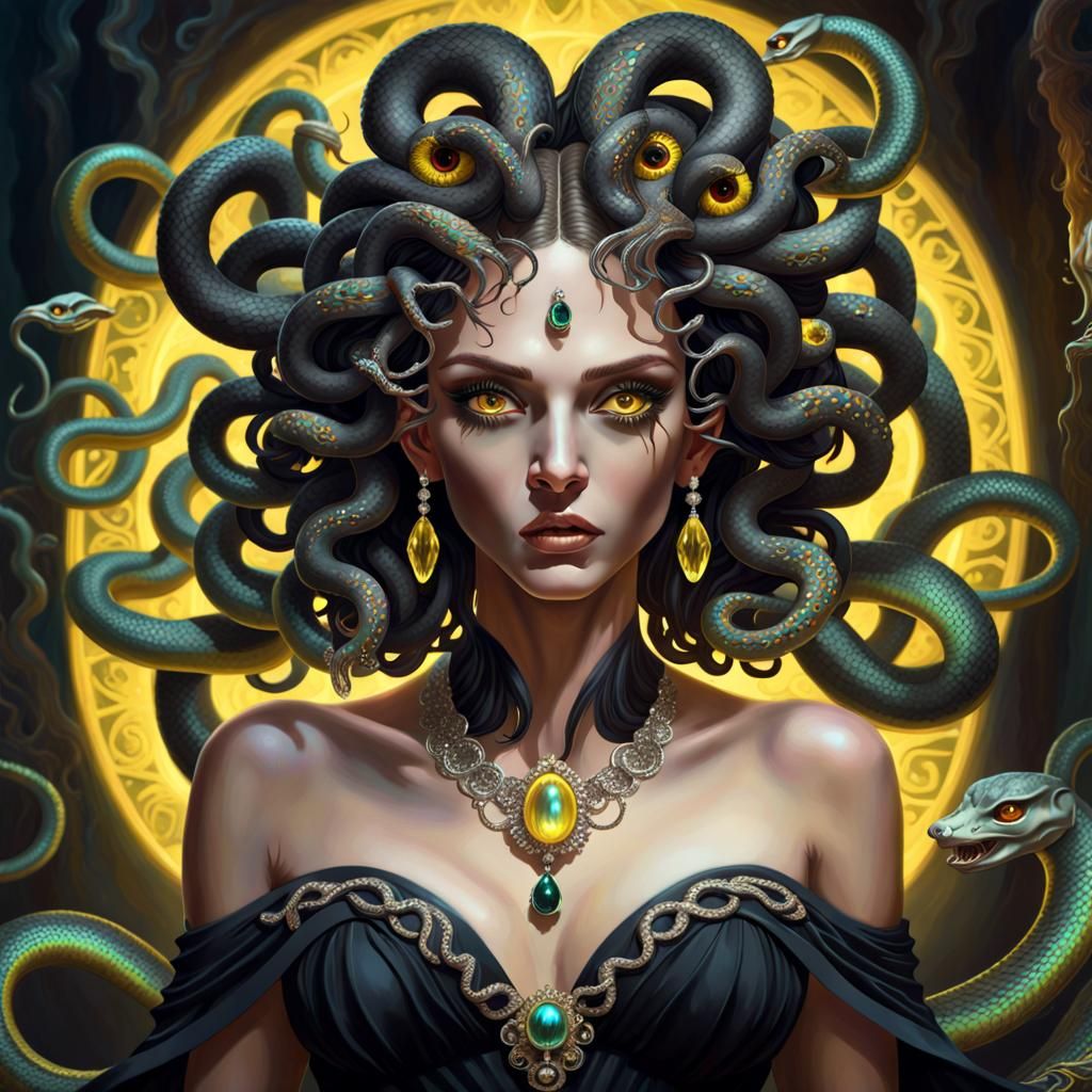 bohemian art style painting, medusa, wearing a elegant black...