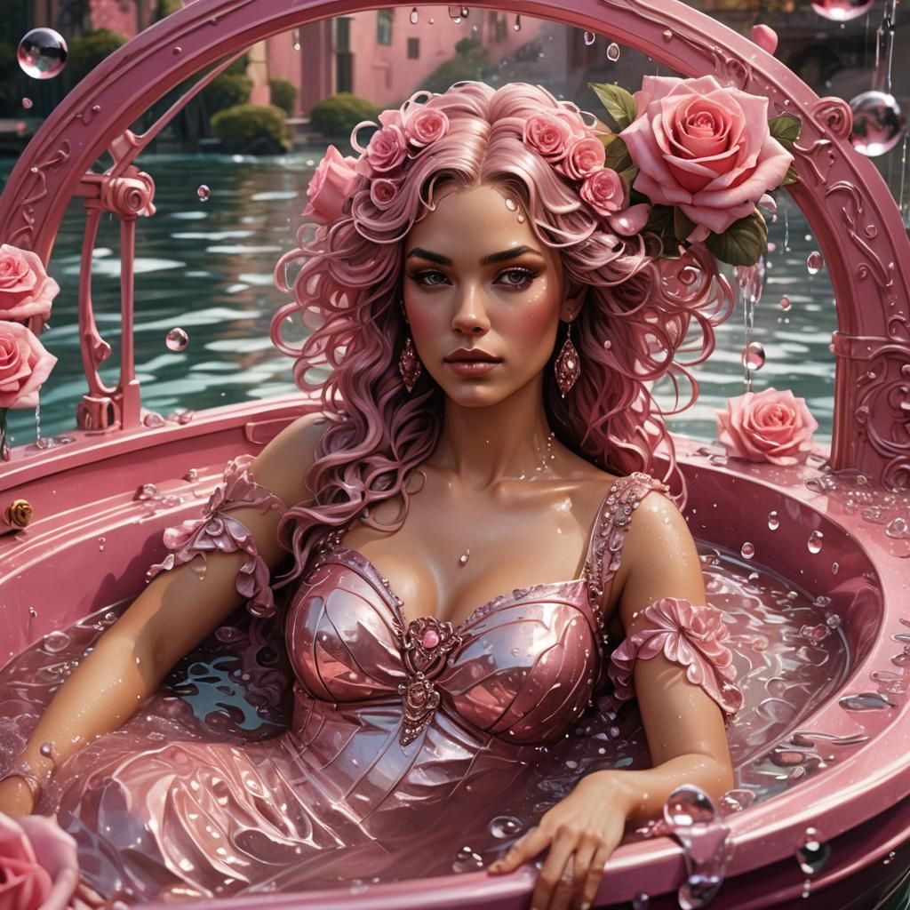 Art Nouveau Model on Pink Boat with Roses