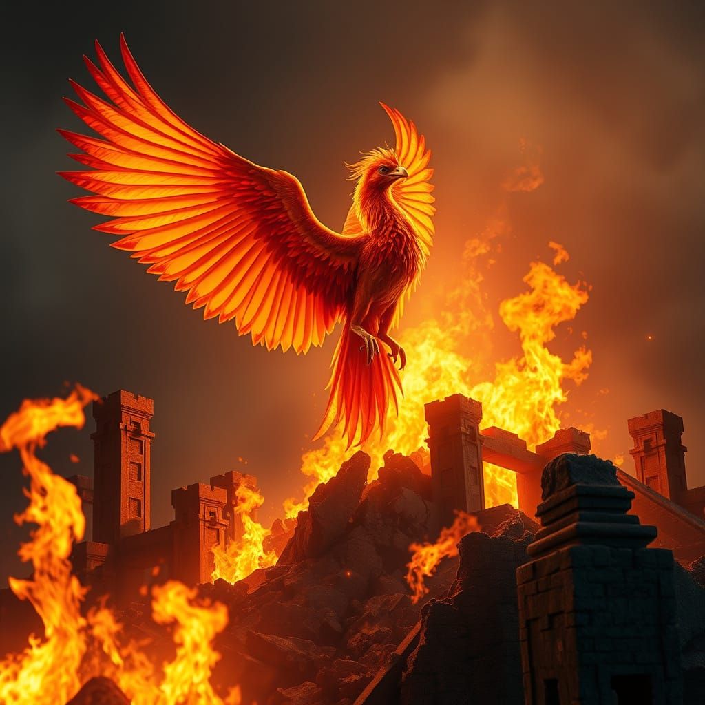 Phoenix Rises From Flames Atop Temple Ruins in HDR