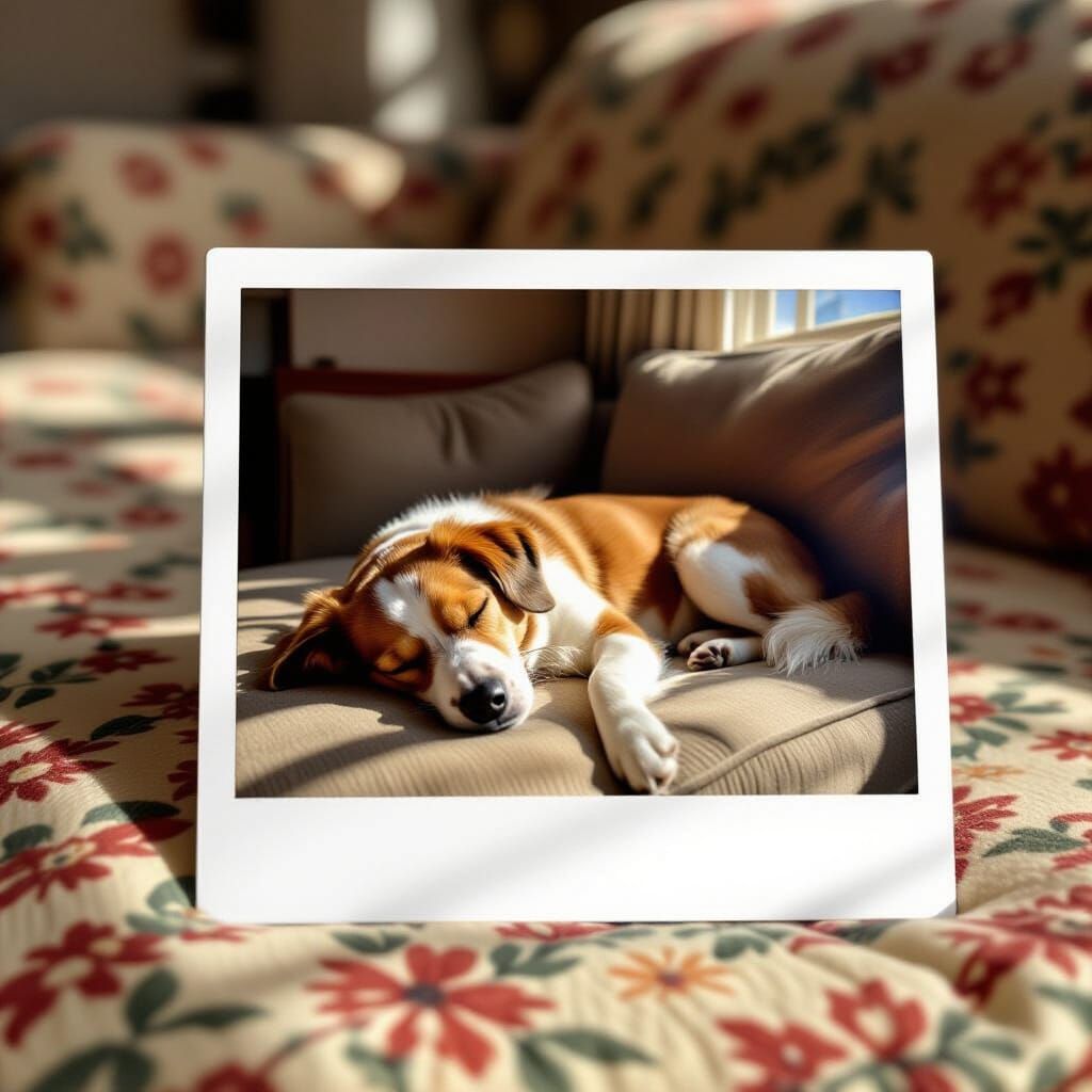 Cozy Polaroid of Dog Sleeping in Sunshine on Couch