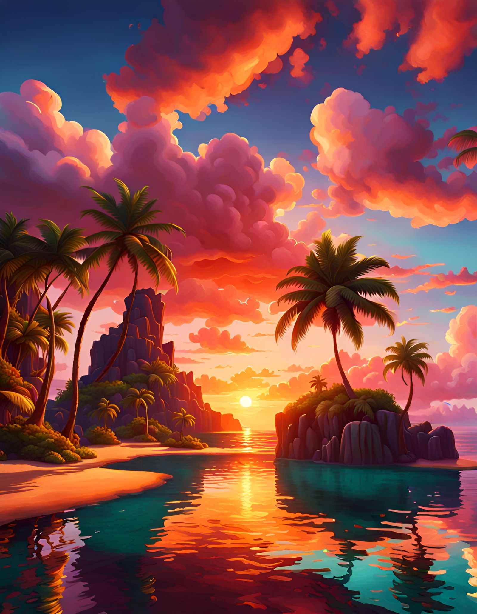 Island Oasis at Sunset: Acrylic Painting Style