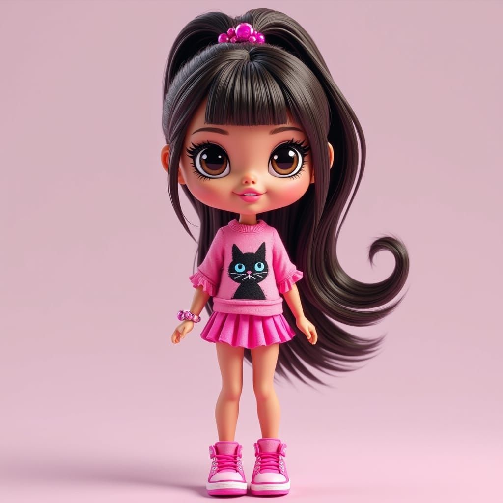 Cute Bratz Doll in 3D Anime Style with Pink Attire and Black...