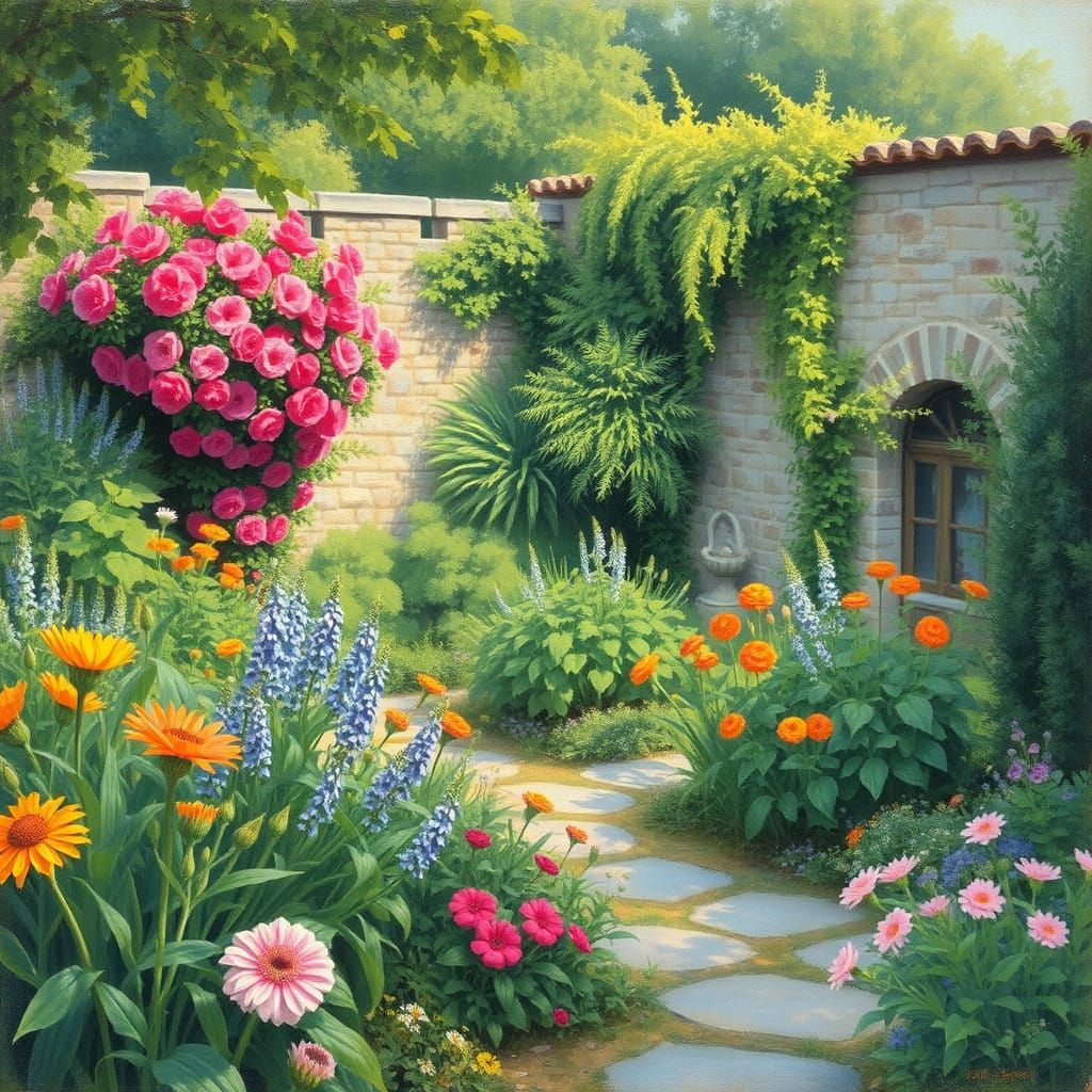 Impressionistic Garden Scene with Stone Walls
