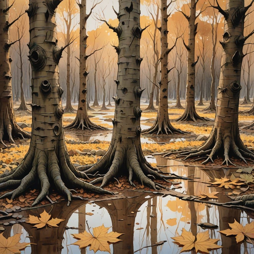 Surreal Clay Forest Landscape in Distressed Watercolor Style