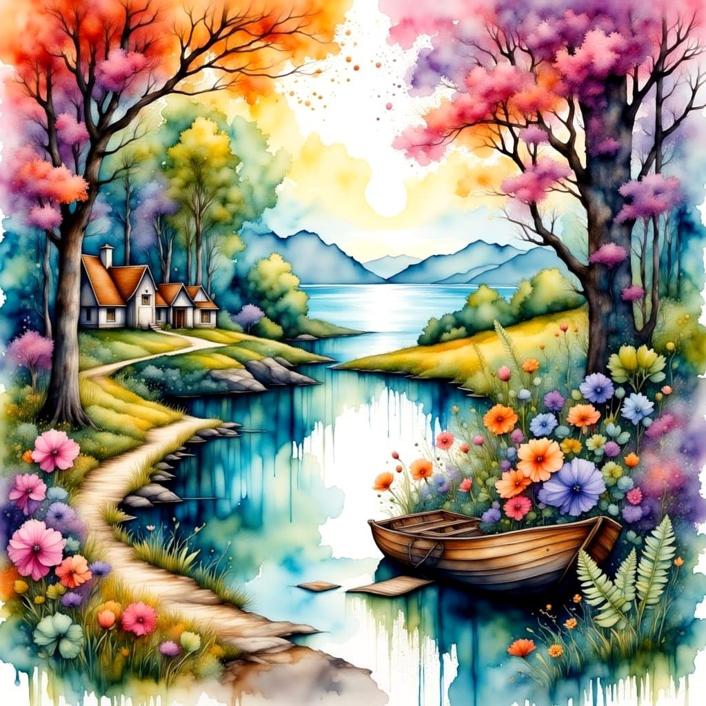 Dreamy Landscape with Trees and Lake in Vibrant Ink and Wate...