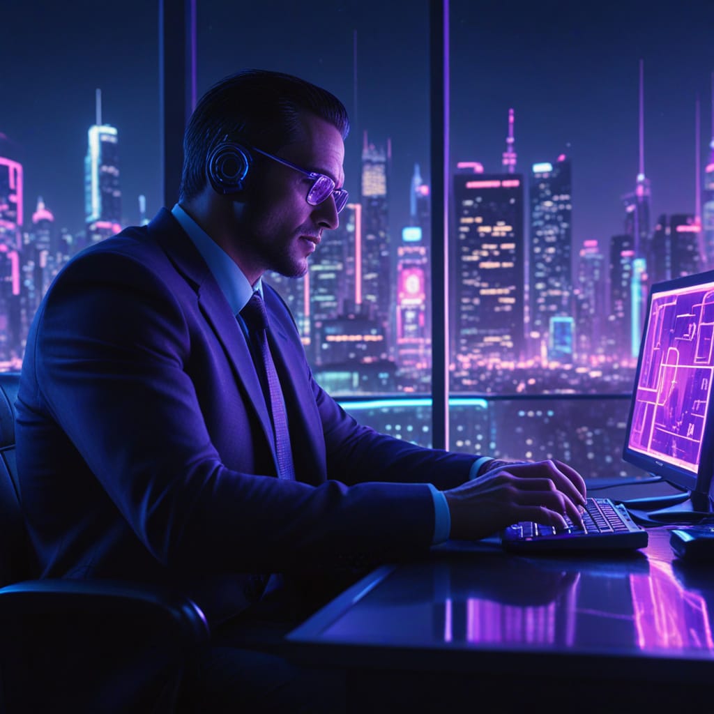 Cyberpunk Businessman in Neon Cityscape