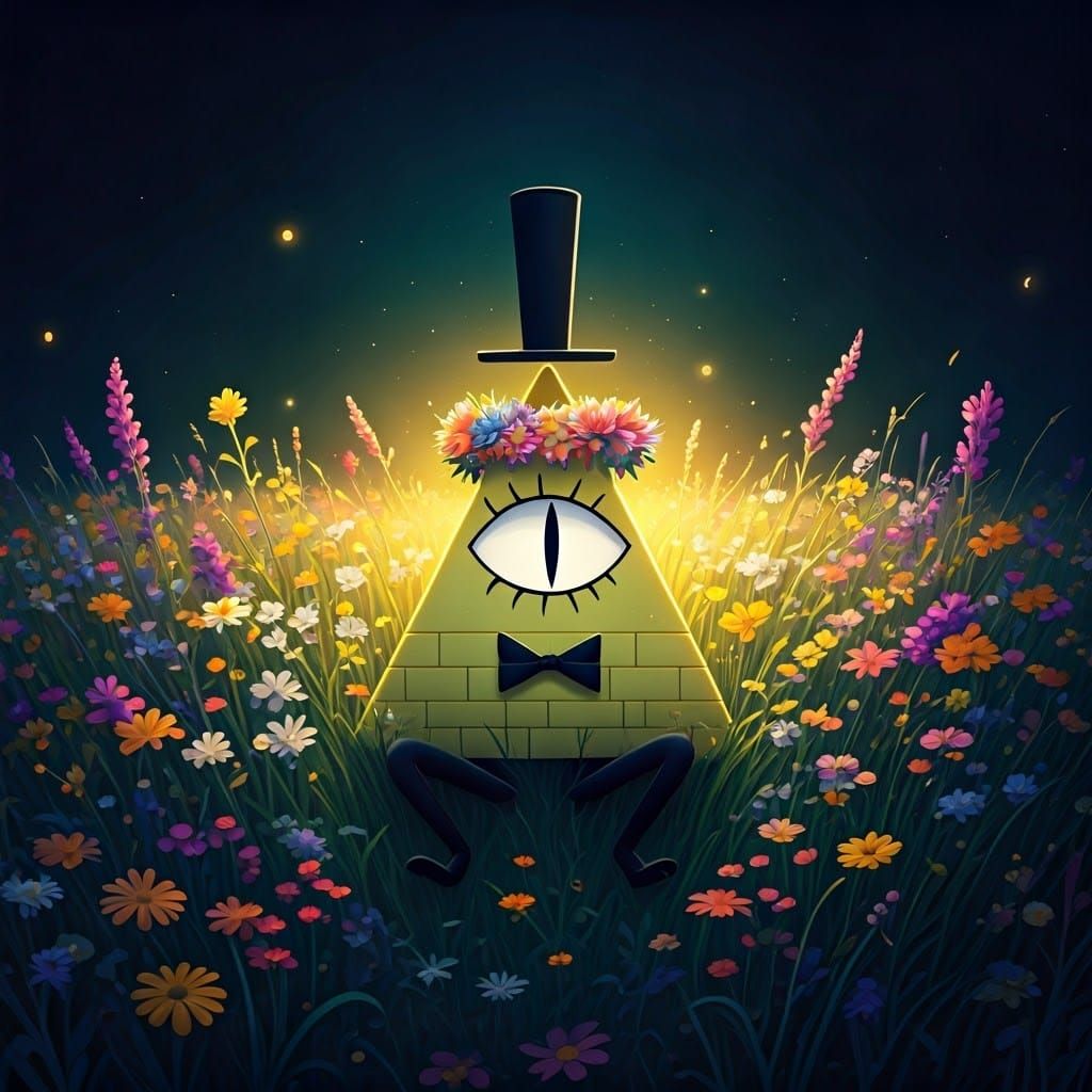 Bill Cipher with Flower Crown, Dark Fantasy Style