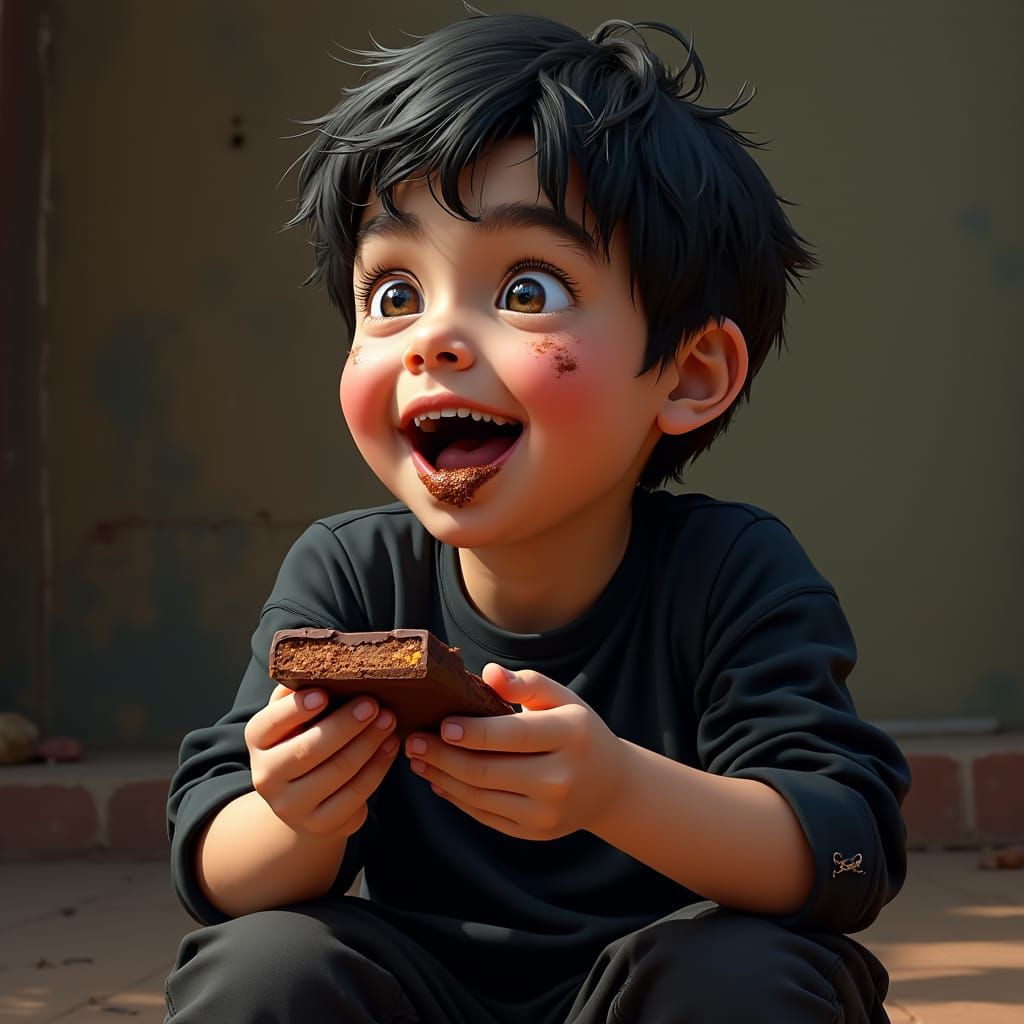 Boy's Chocolate Indulgence: Hyper-Realistic Digital Portrait
