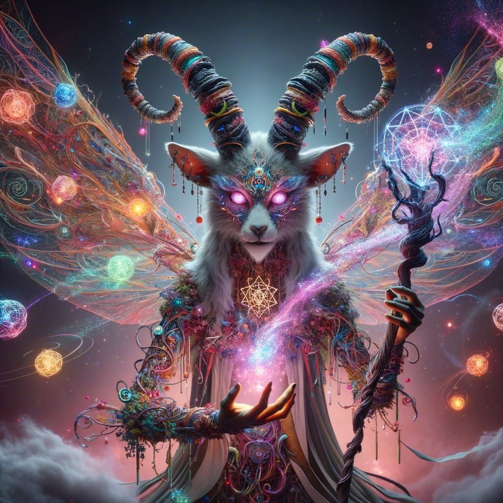 Ethereal Fairy Goddess with Glass Horns and Multicolored Tat...