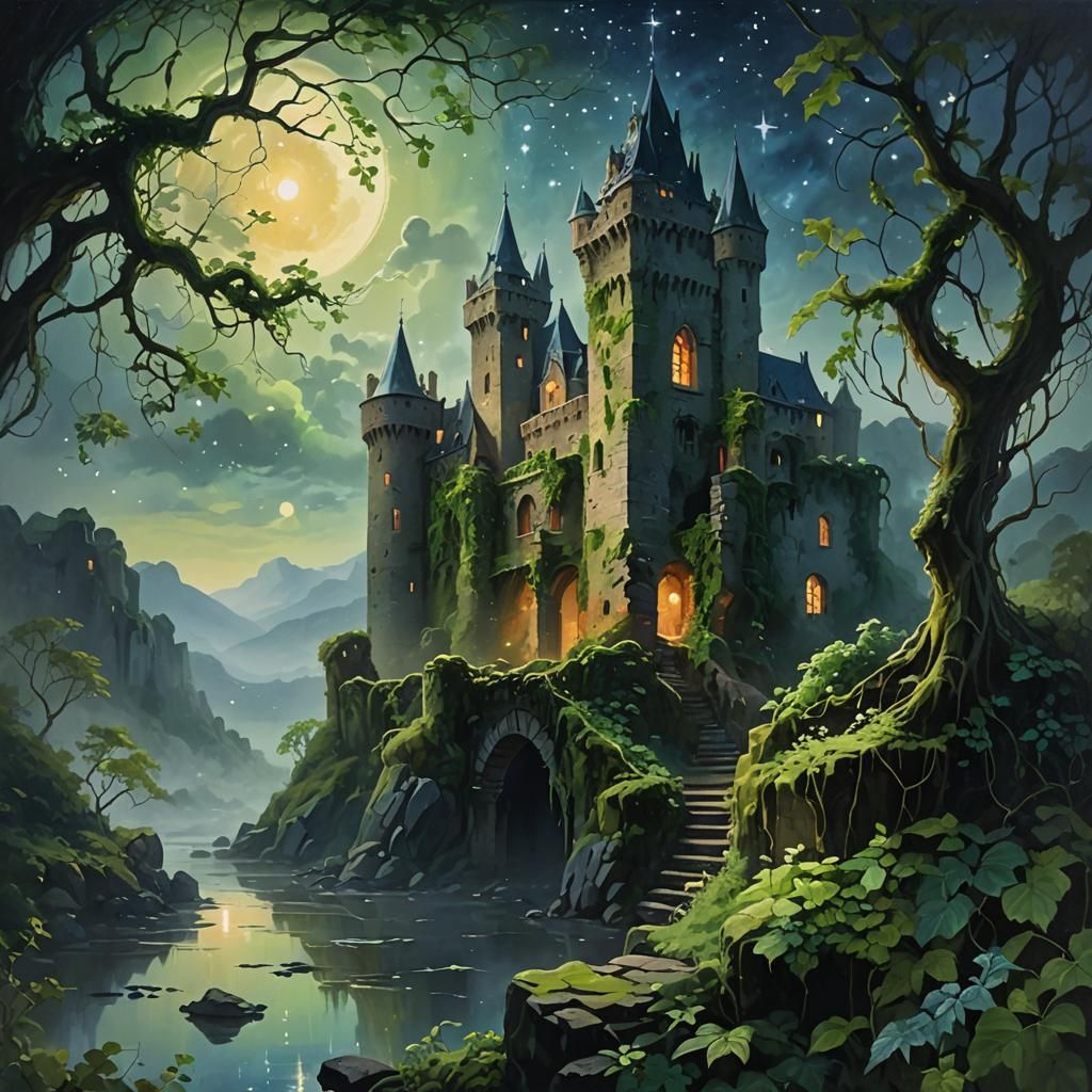 Enchanted Castle Ruins in Ethereal Impressionist Forest