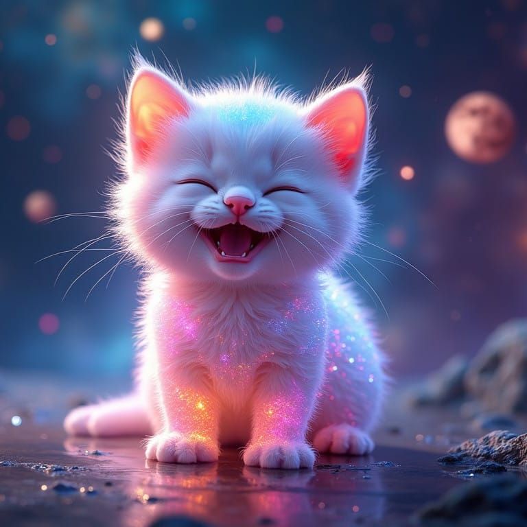 Vibrant Holographic Kitten Radiates Joy Under Celestial Wond...