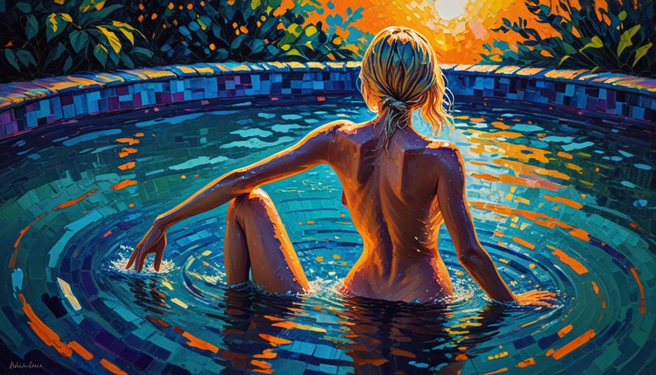 Bare chested topless blonde woman with insanely long hair skinny dipping in a sylvan pool. 3/4 rear view