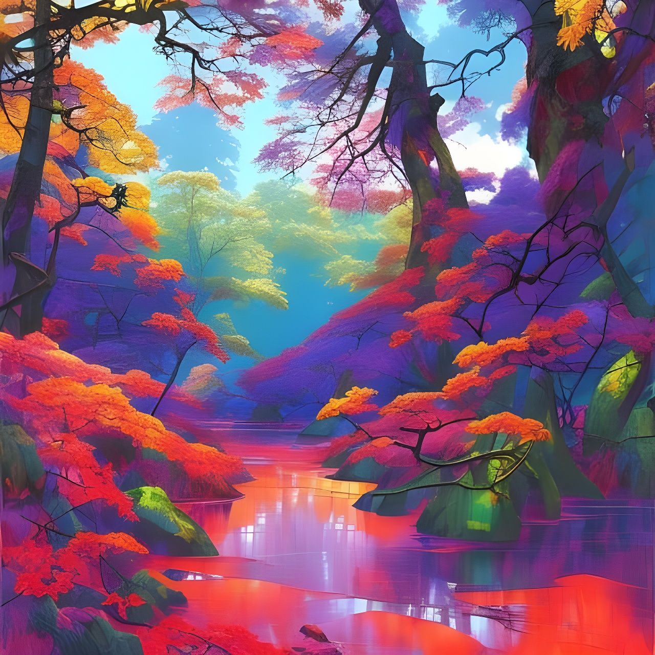 Stained Glass Japanese Forest in Gouache Style