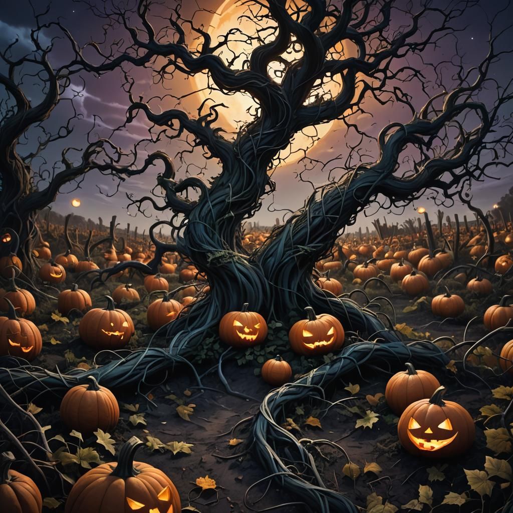 Dark Fantasy Pumpkin Patch with Glowing Vines