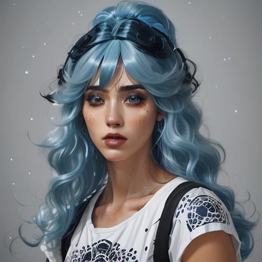 Woman with Vibrant Blue, Black, White Party Wig