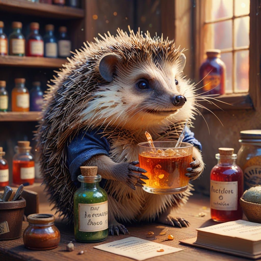 Vibrant Whimsy: Hedgehog Alchemist in a Dreamy Impressionist...