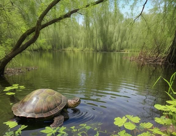 Colorful Swamp Lake Scene with Turtles