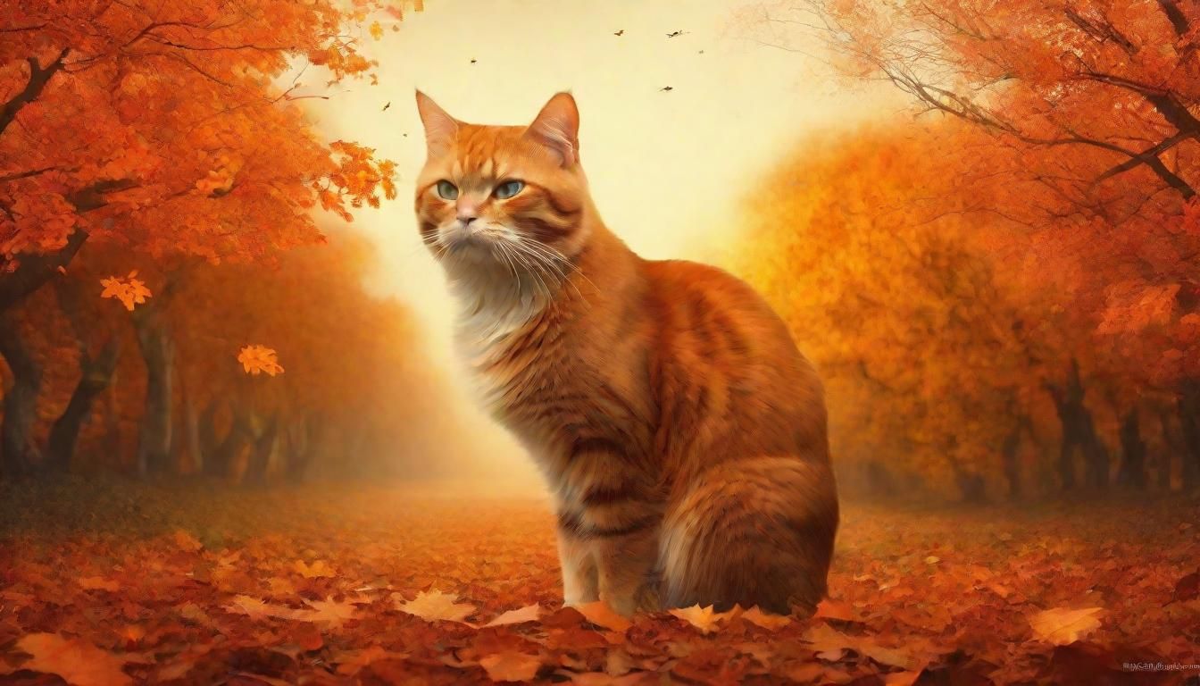 Orange Cat in Autumn Landscape: Collage Art