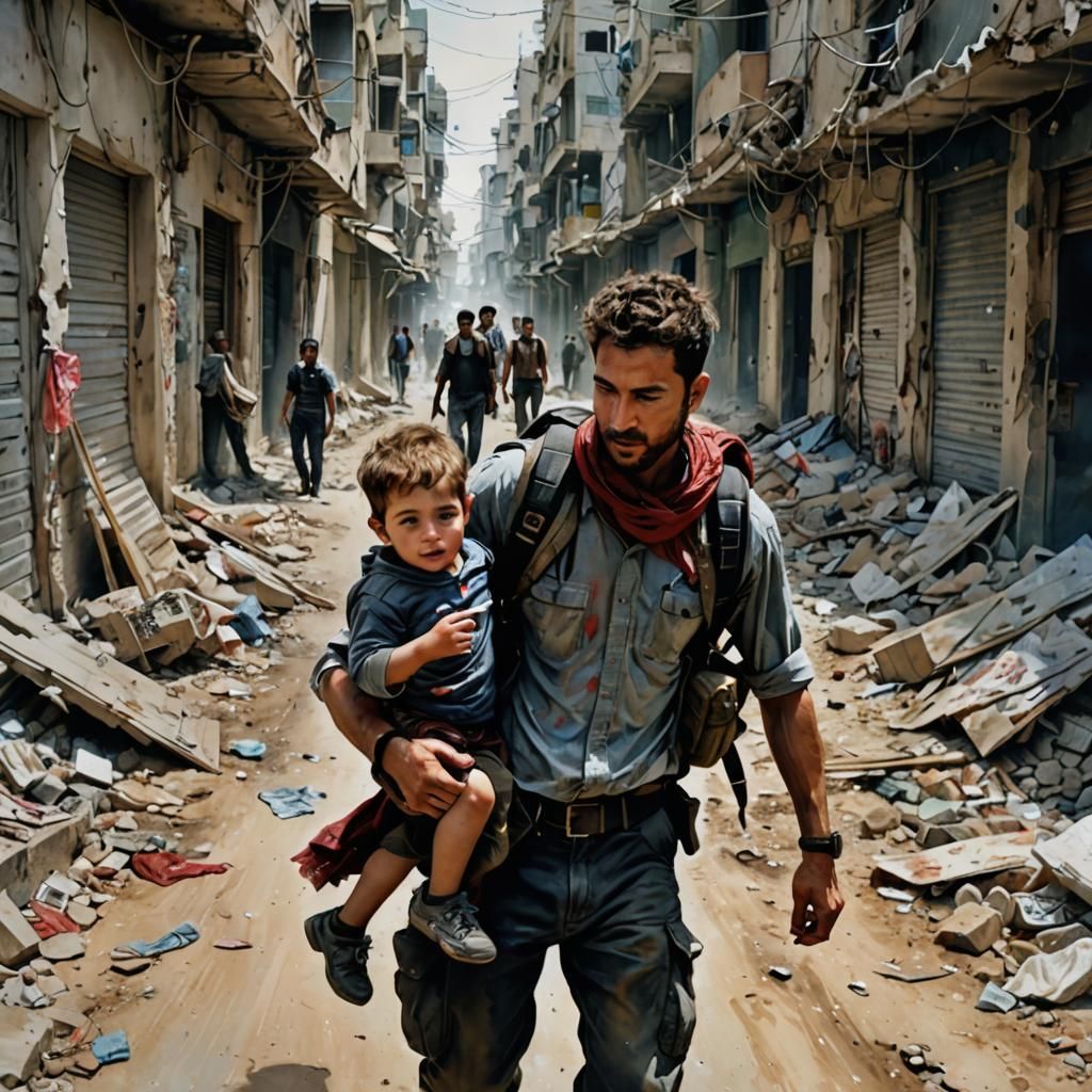 Surreal Aid Worker Protects Orphan in War Zone