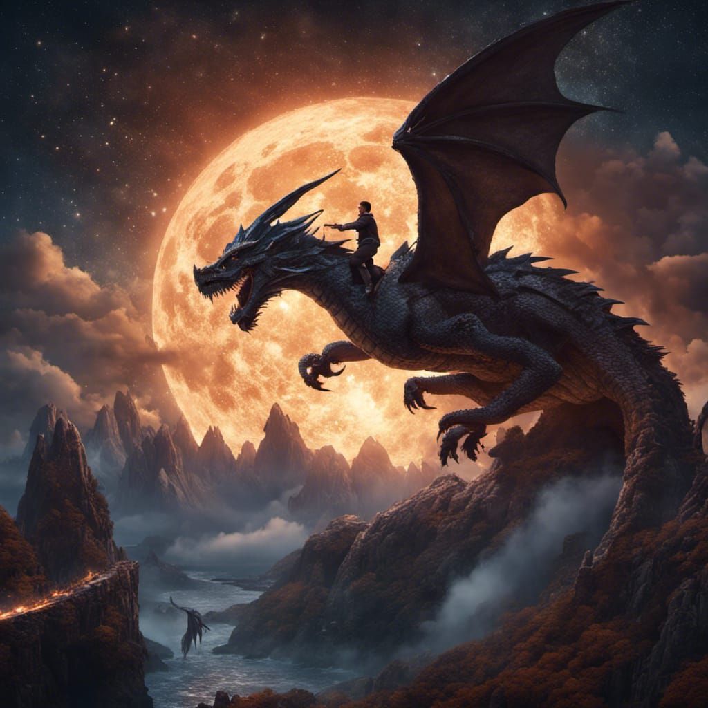 Dragon Rider Soaring Through Starry Midnight Sky