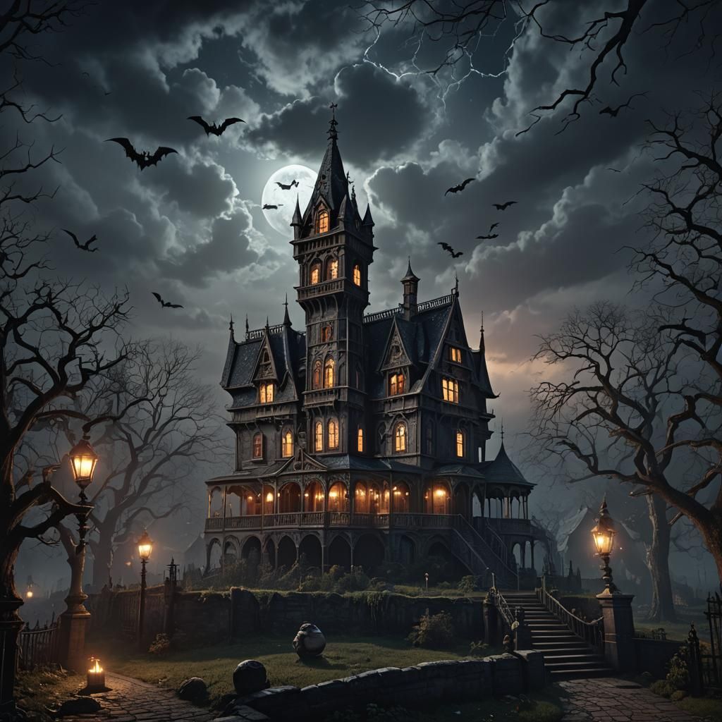 Haunted House with Dracula in Detailed Matte Painting