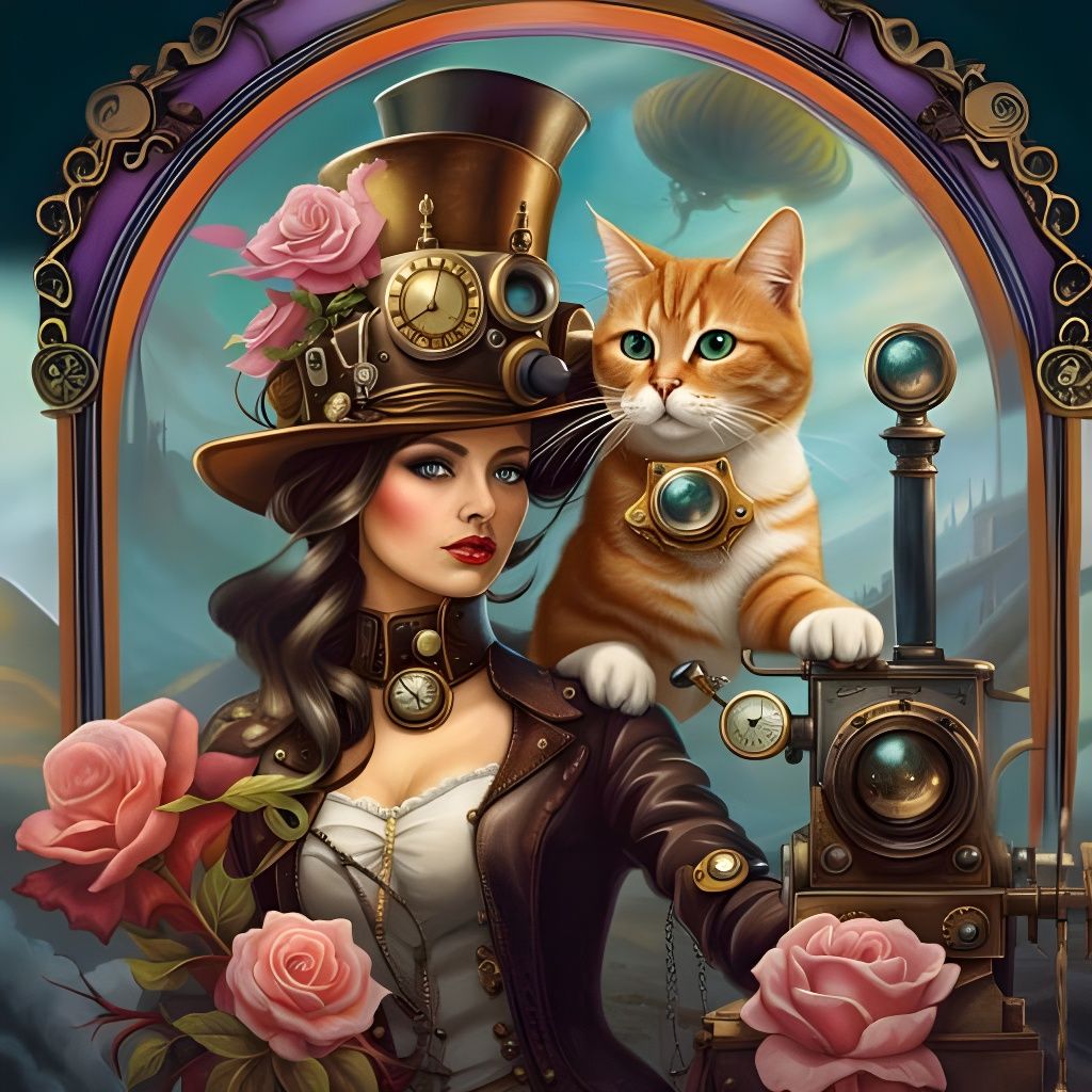 Steampunk Girl with Cat in Dreamlike Fantasy Style