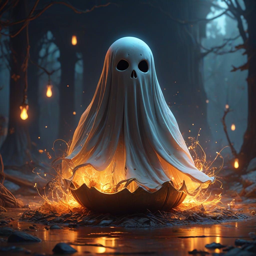 Whimsical Ghost in Neon Halloween Setting