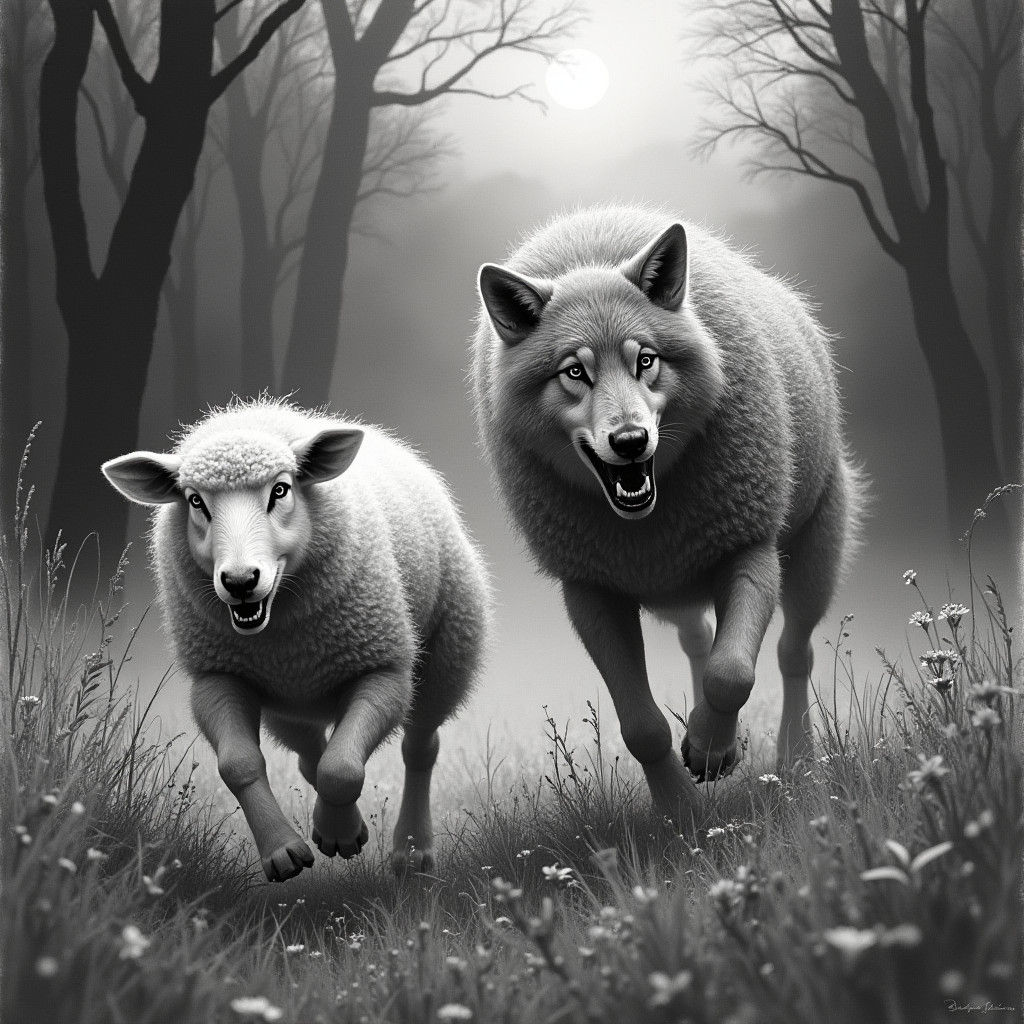 Wolf Chasing Sheep in Forest, Hyperdetailed Charcoal Drawing