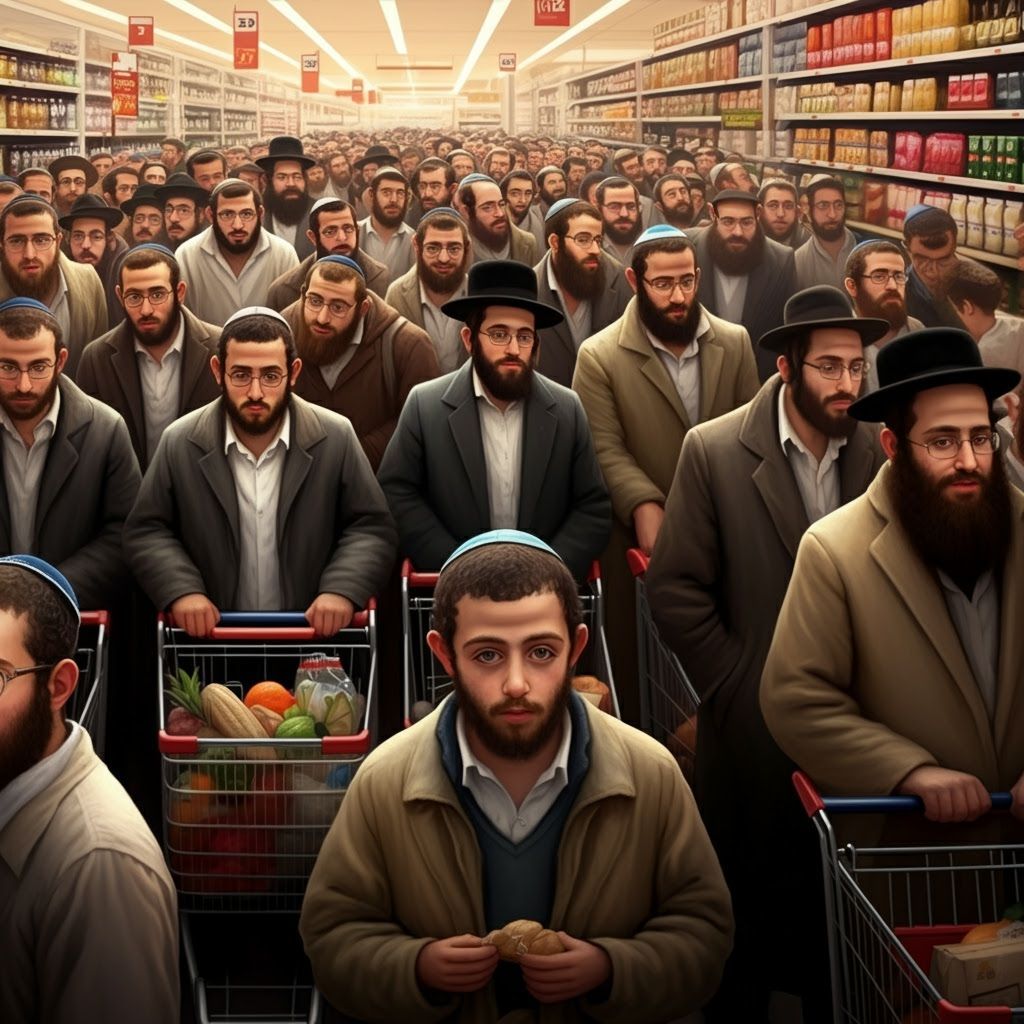 Realistic Supermarket Queue Painting of Israeli Men