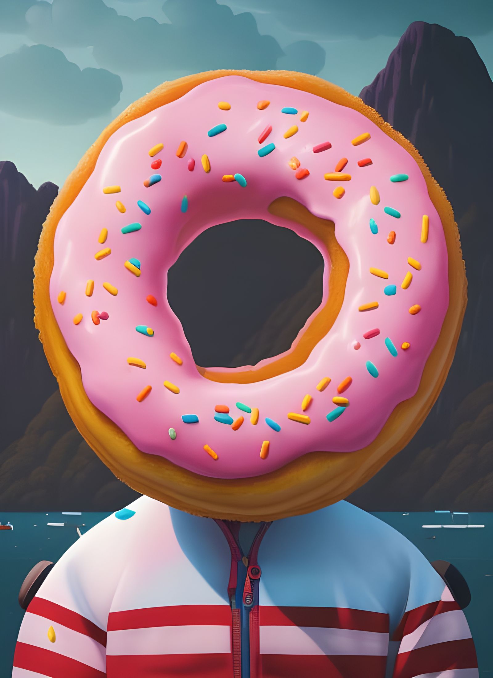 Donut Head Portrait by the Sea in Surreal Style