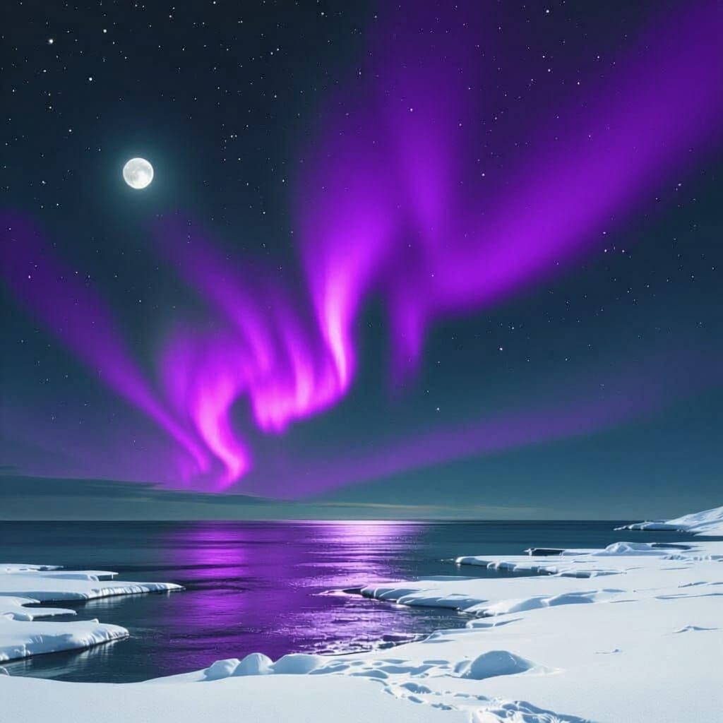 Aurora Borealis Over Calm Ocean Under Full Moon