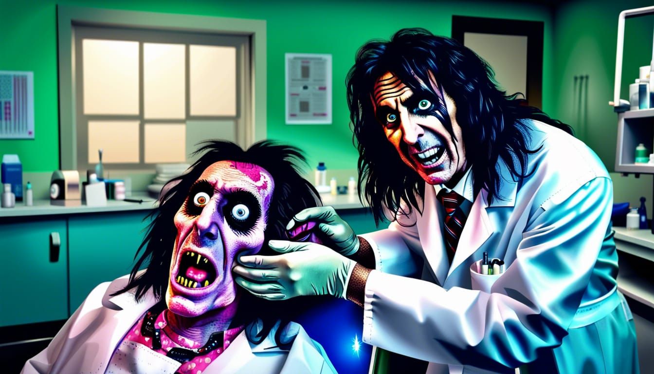 Alice Cooper as Dentist in Fantastical Horror Scene