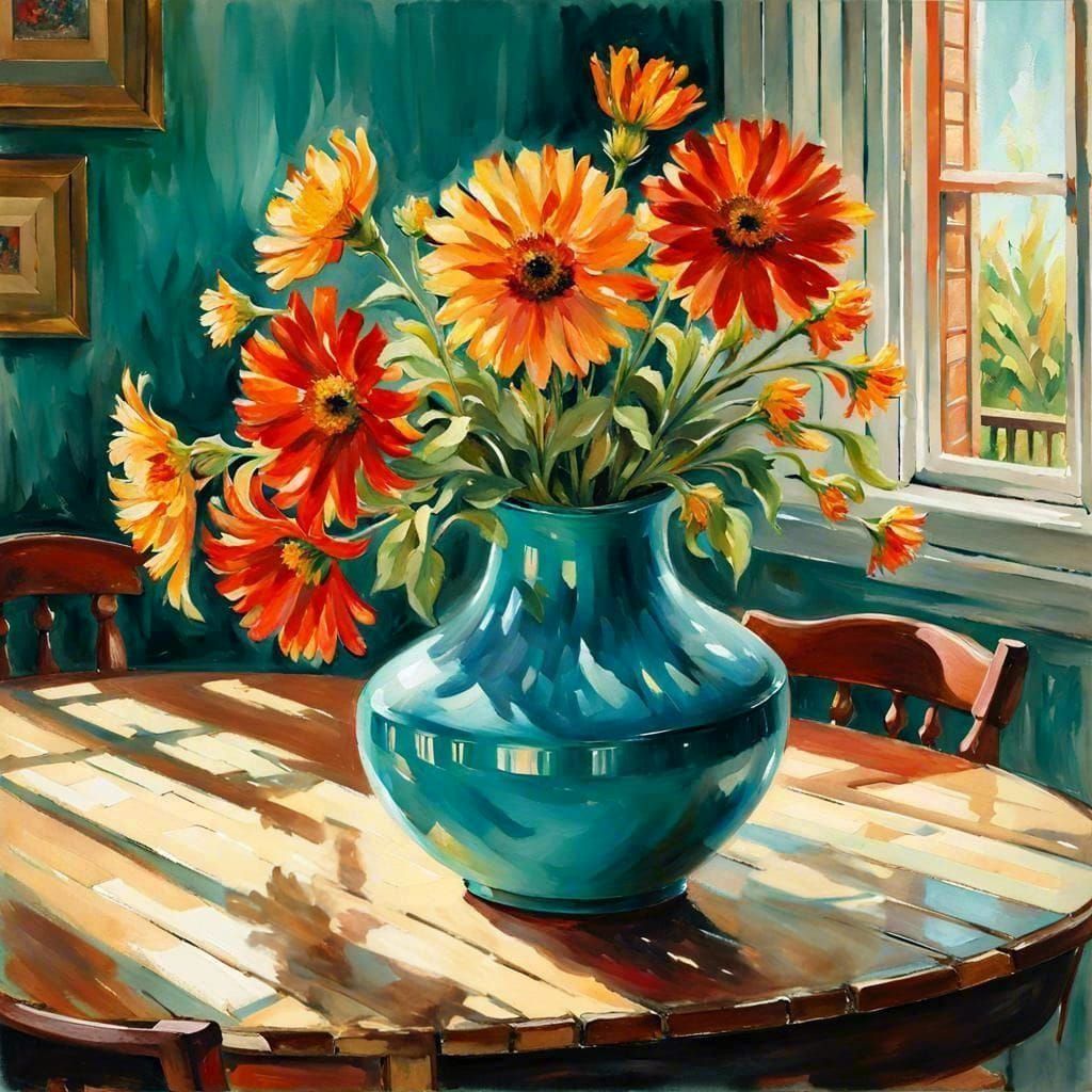 Floral Bouquet in Turquoise Vase: Watercolor Painting