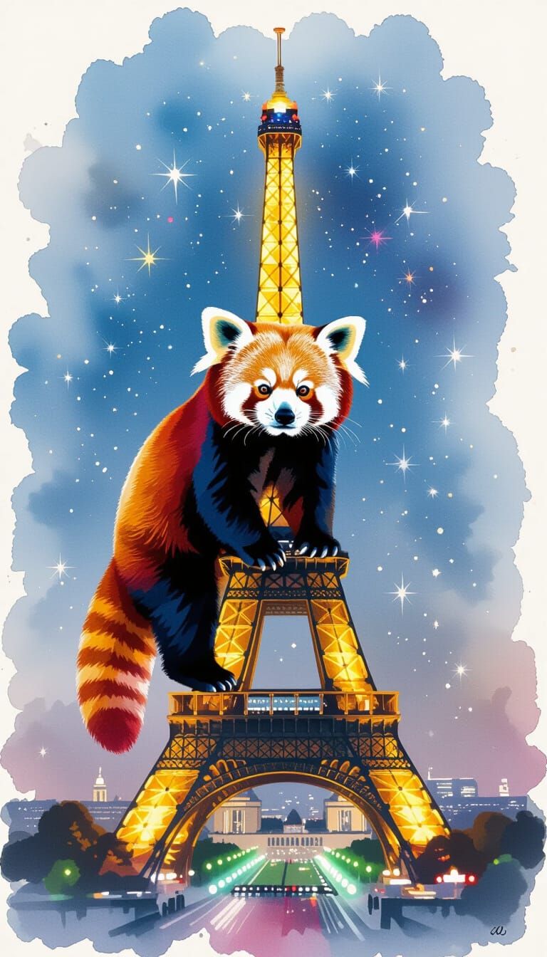 Red Panda Zen on Eiffel Tower in Dye-Transfer Style