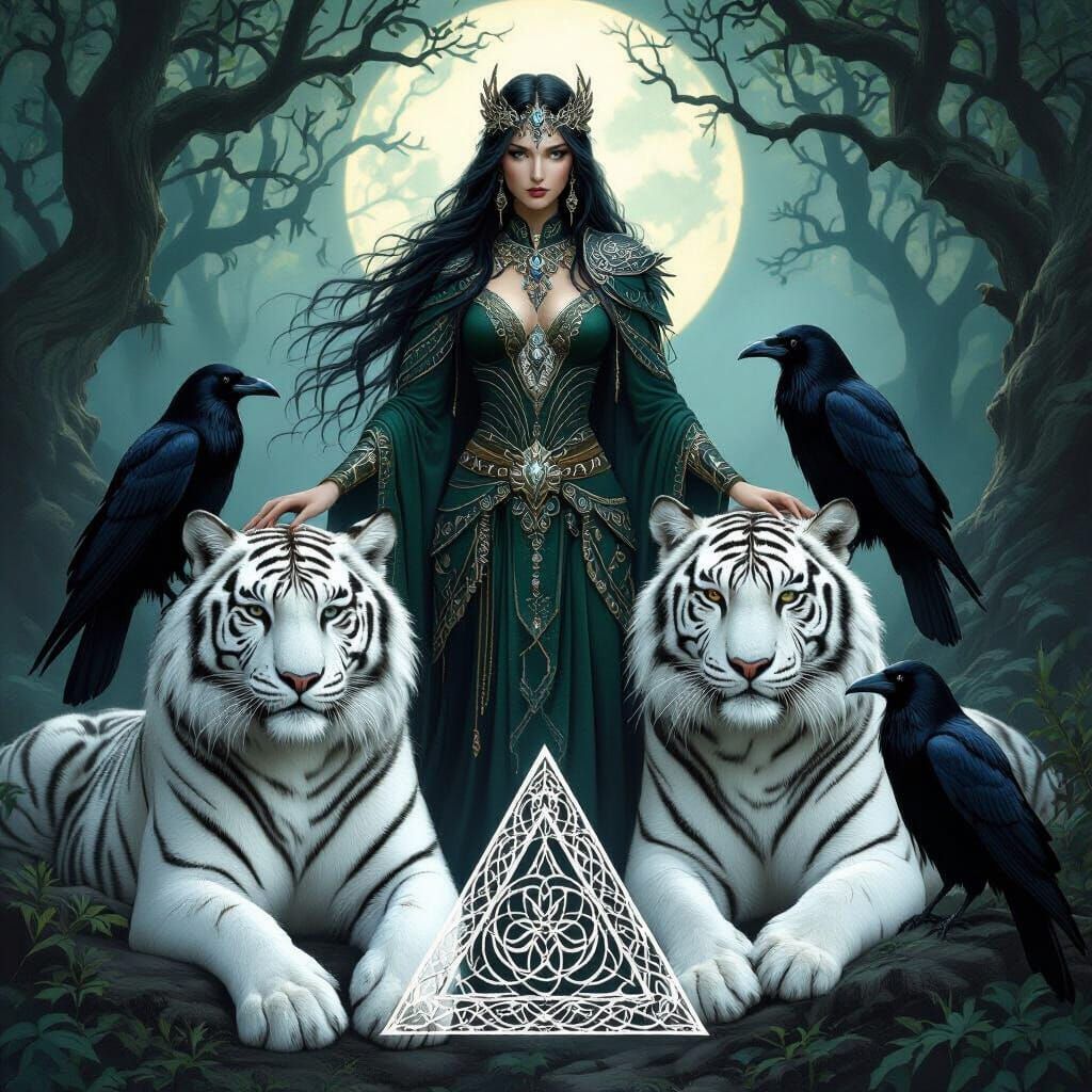 Morrigan in Mystical Forest with Siberian Tiger
