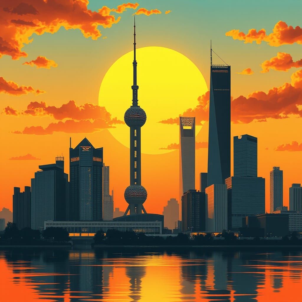 Shanghai Sunset: Futuristic Travel Poster Art