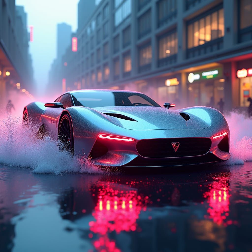 Futuristic Jaguar XKR Concept in Cyberpunk Cityscape