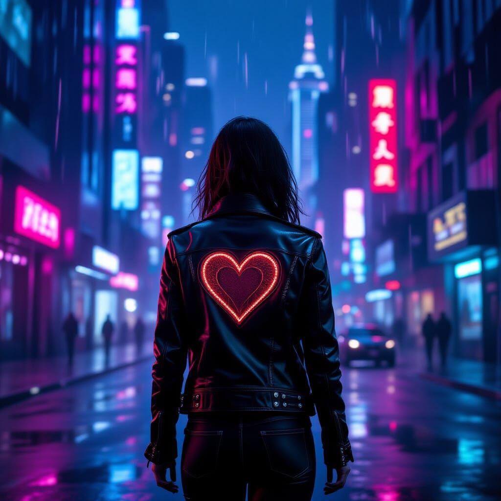 Woman in Heart Jacket on Neon City Street