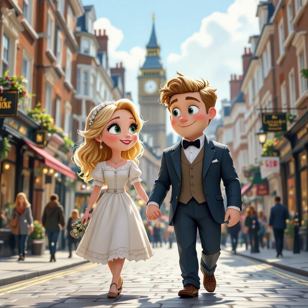 Couple Walking in London, Whimsical Art Style