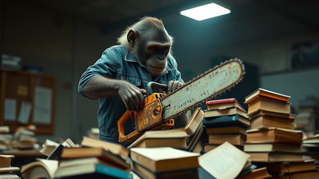 Monkey with Chainsaw Cuts School Books: Cinematic Film Still