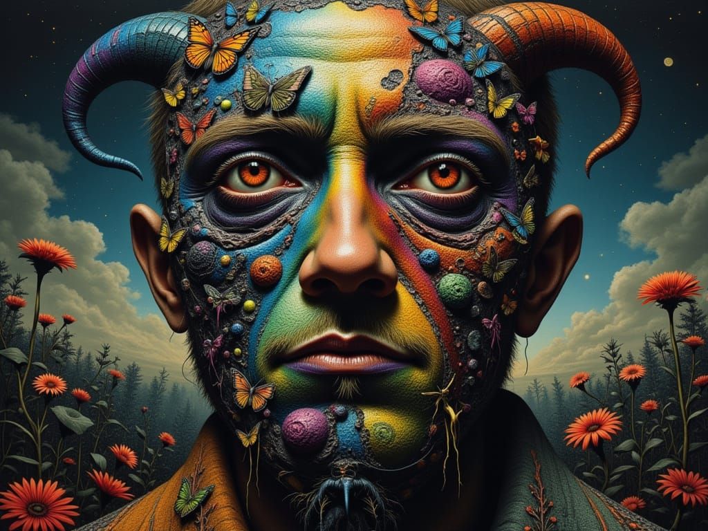 Surreal Man's Face: Mutated Features in Rainbow Dreamscape